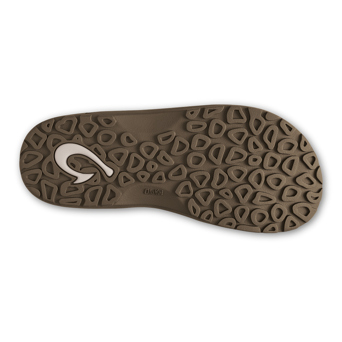 Clay-colored flip-flop sole with geometric tread pattern and white curved strap detail.