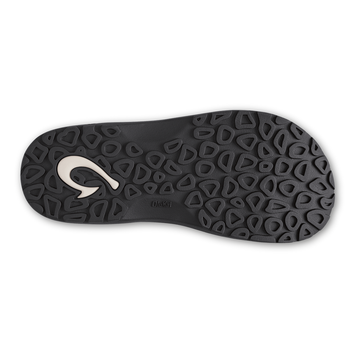 Black flip-flop sole with geometric tread pattern and white curved logo on forefoot.