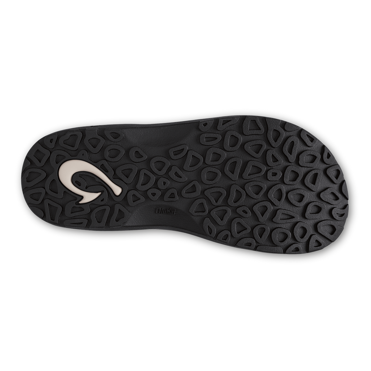 Black sole with geometric tread pattern and white curved logo detail.