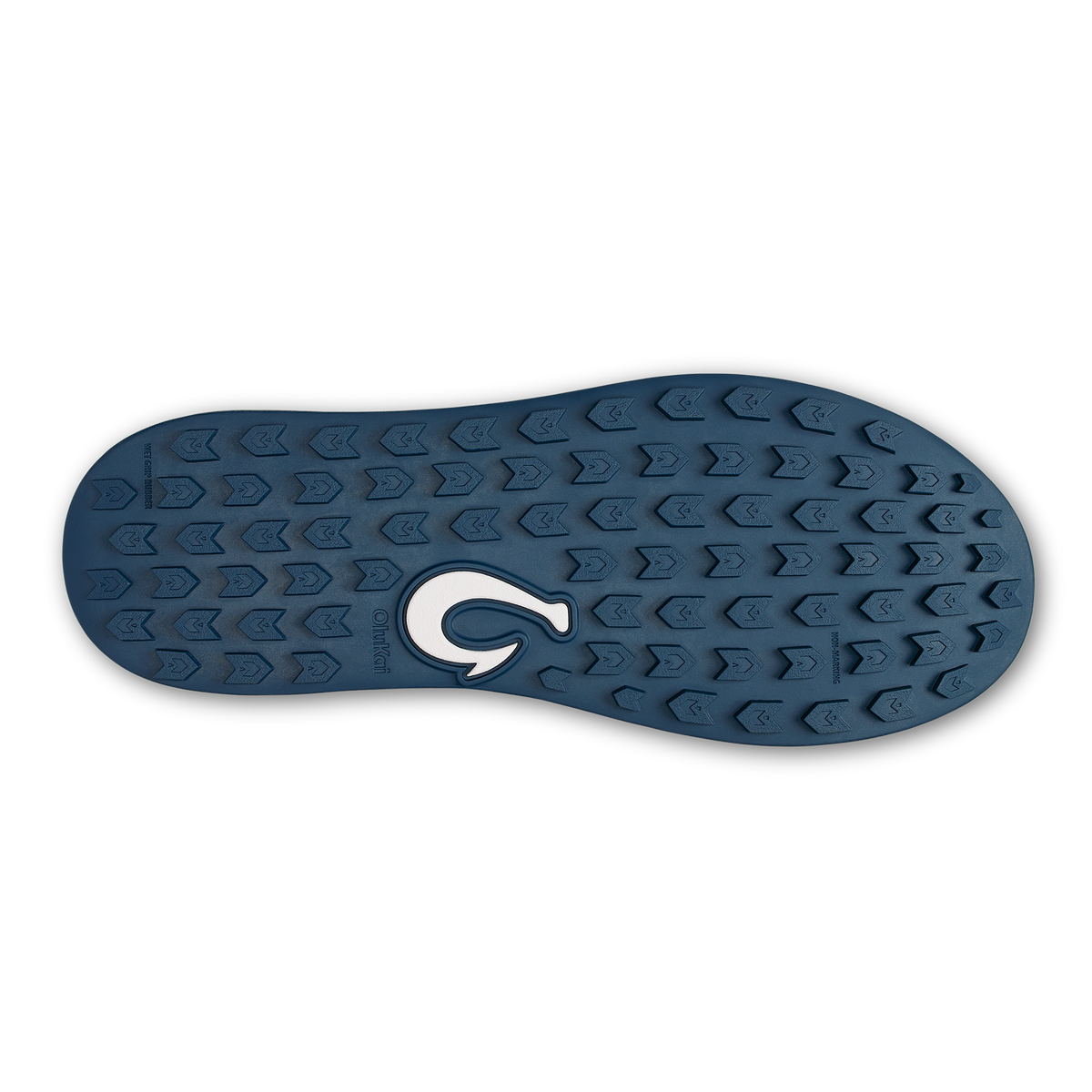 Dark blue rubber shoe sole with chevron tread pattern and white curved logo in center.