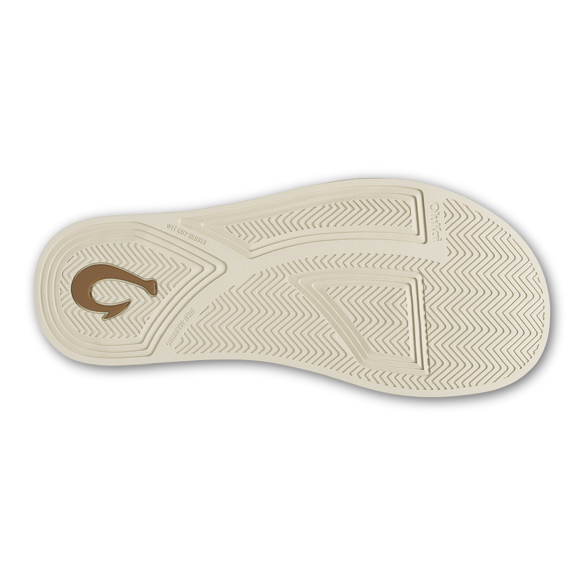 Pale grey shoe sole with geometric chevron tread pattern and brown circular logo detail.