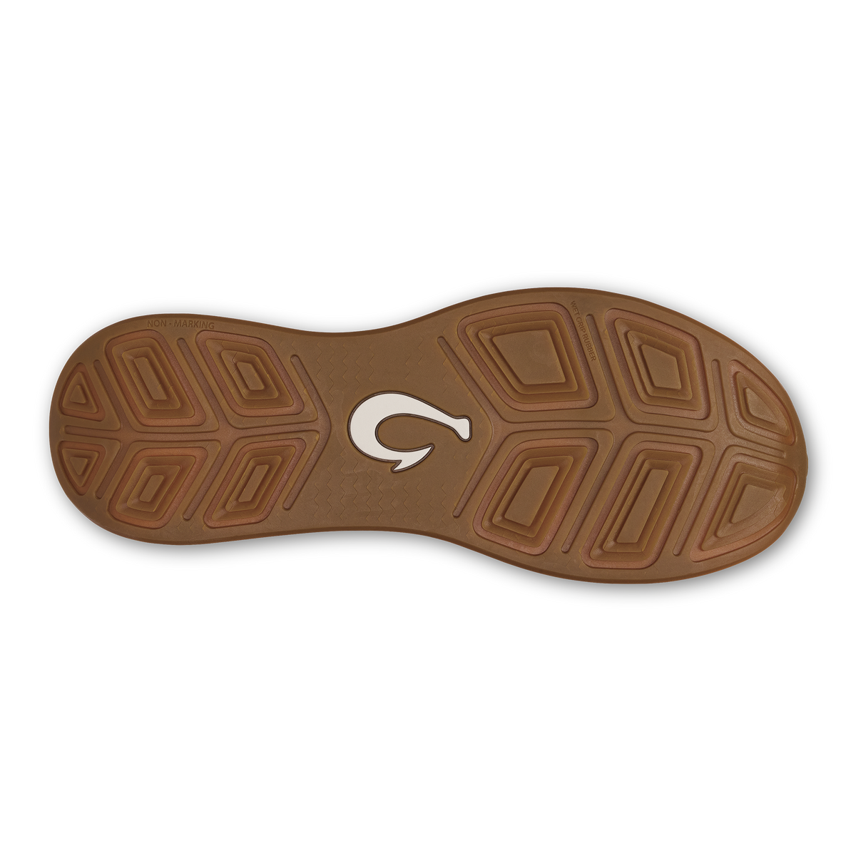 Brown sole with geometric tread pattern and white logo accent.