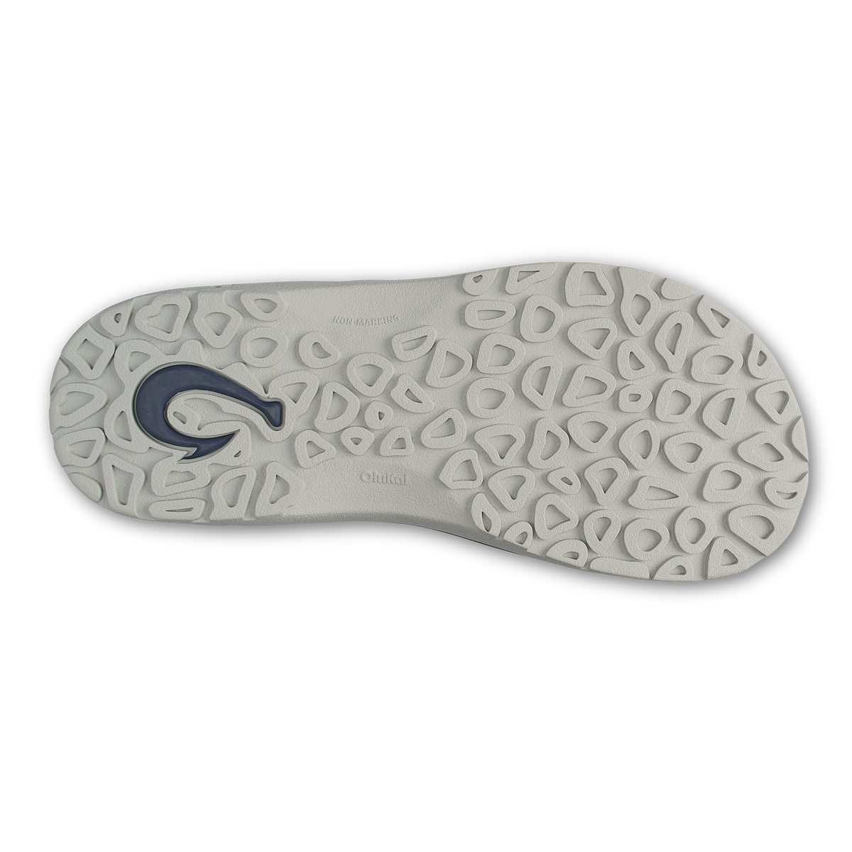 Light grey sole with dark blue logo and geometric tread pattern.