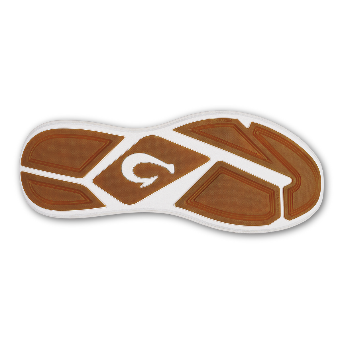 Brown and white shoe sole with curved sections and white accent stripe featuring a circular logo detail.