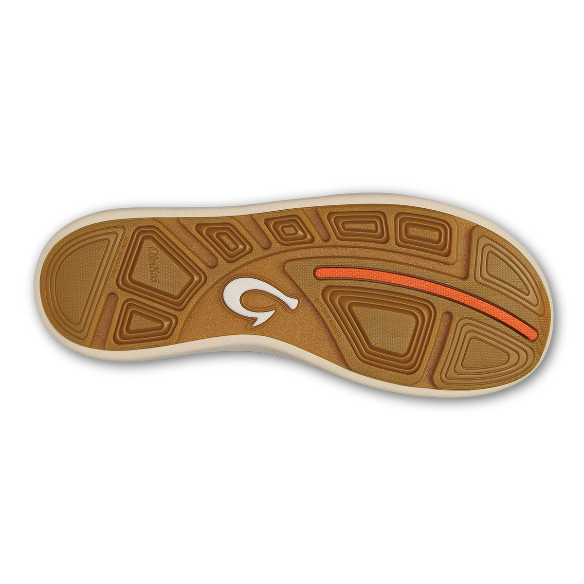Tan rubber sole with geometric tread pattern, white logo, and orange accent stripe.
