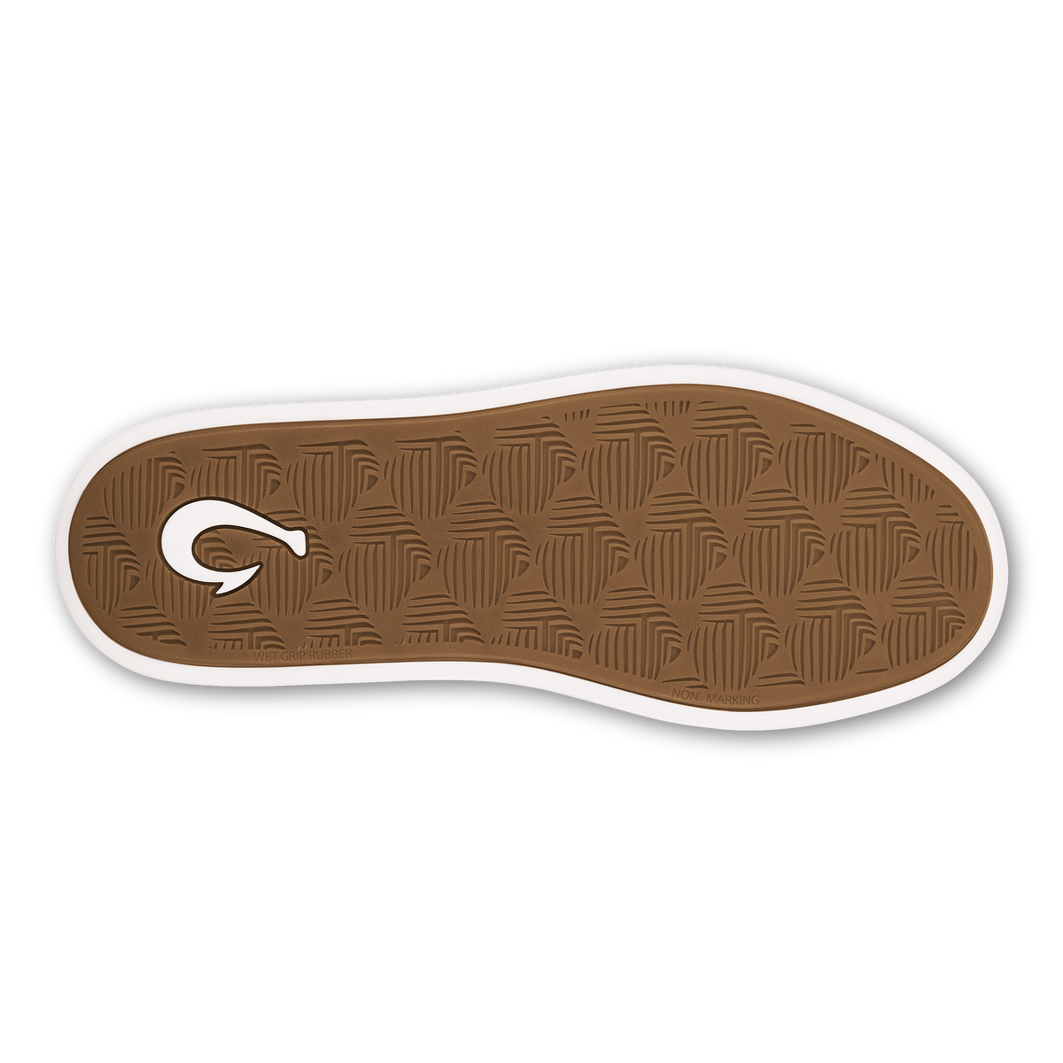 Brown rubber sole with white edge trim and textured tread pattern, viewed from underneath.