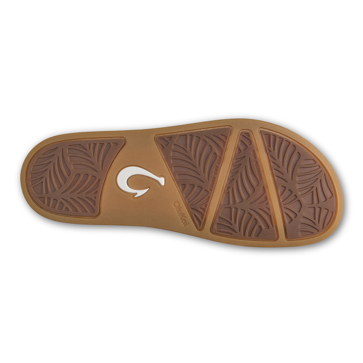 Tan and brown sandal sole with leaf-pattern tread design and white logo detail.