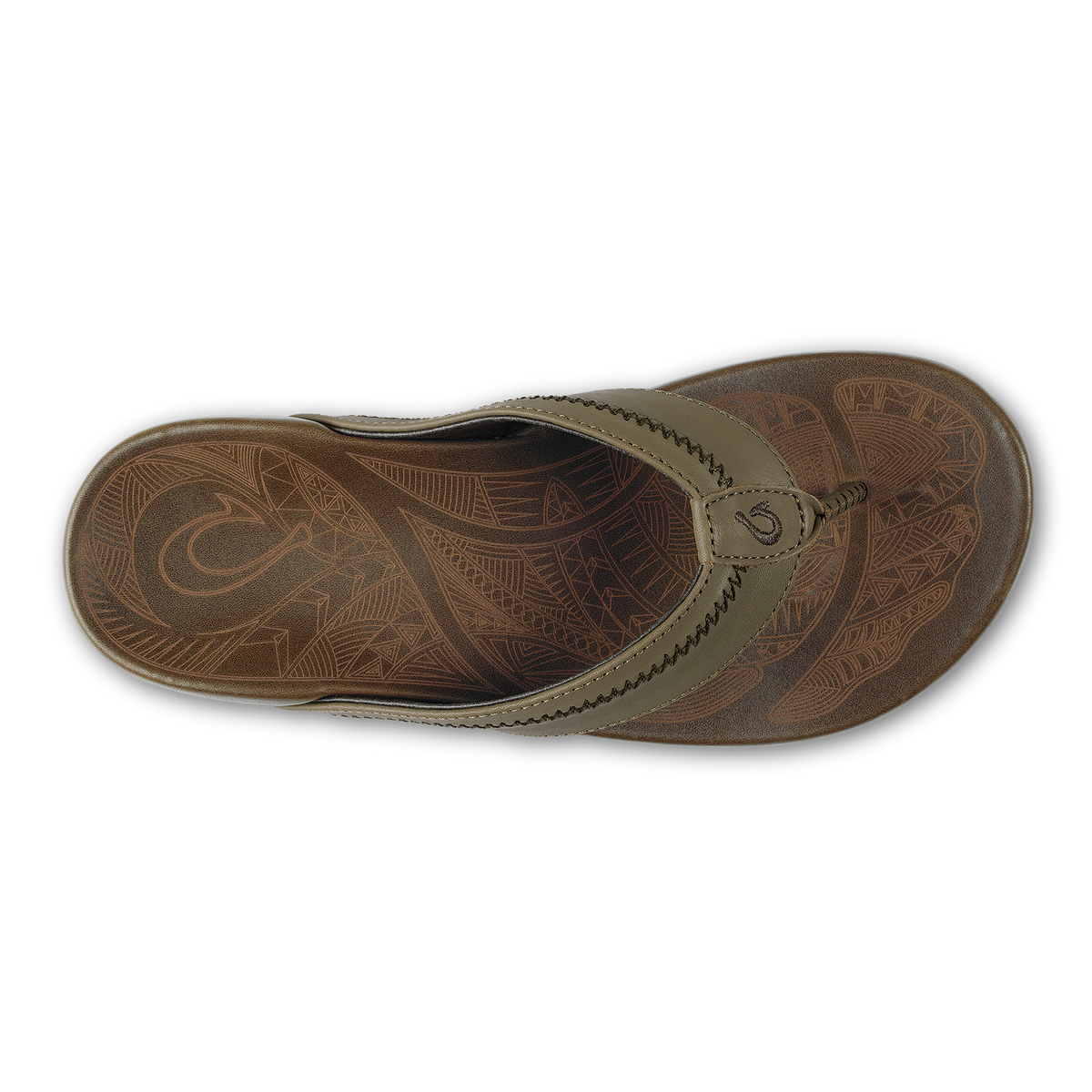 Tan leather flip-flop sandal with decorative stitching and embossed geometric pattern on sole, shown from above.