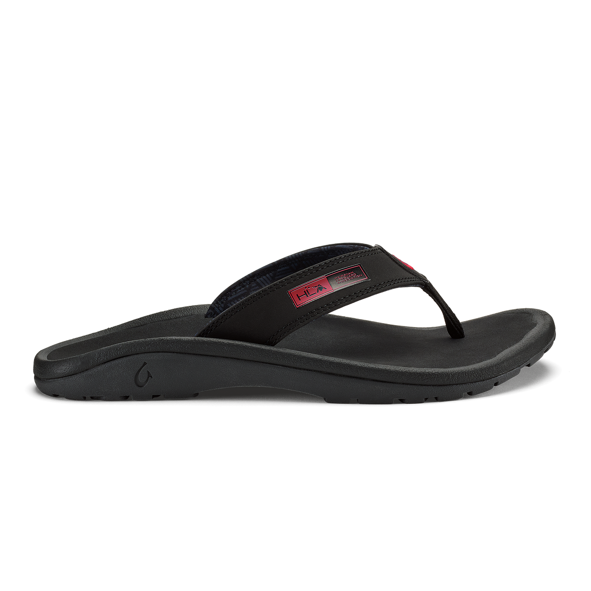 Black thong sandal with cushioned footbed and adjustable fabric strap with HLA branding.
