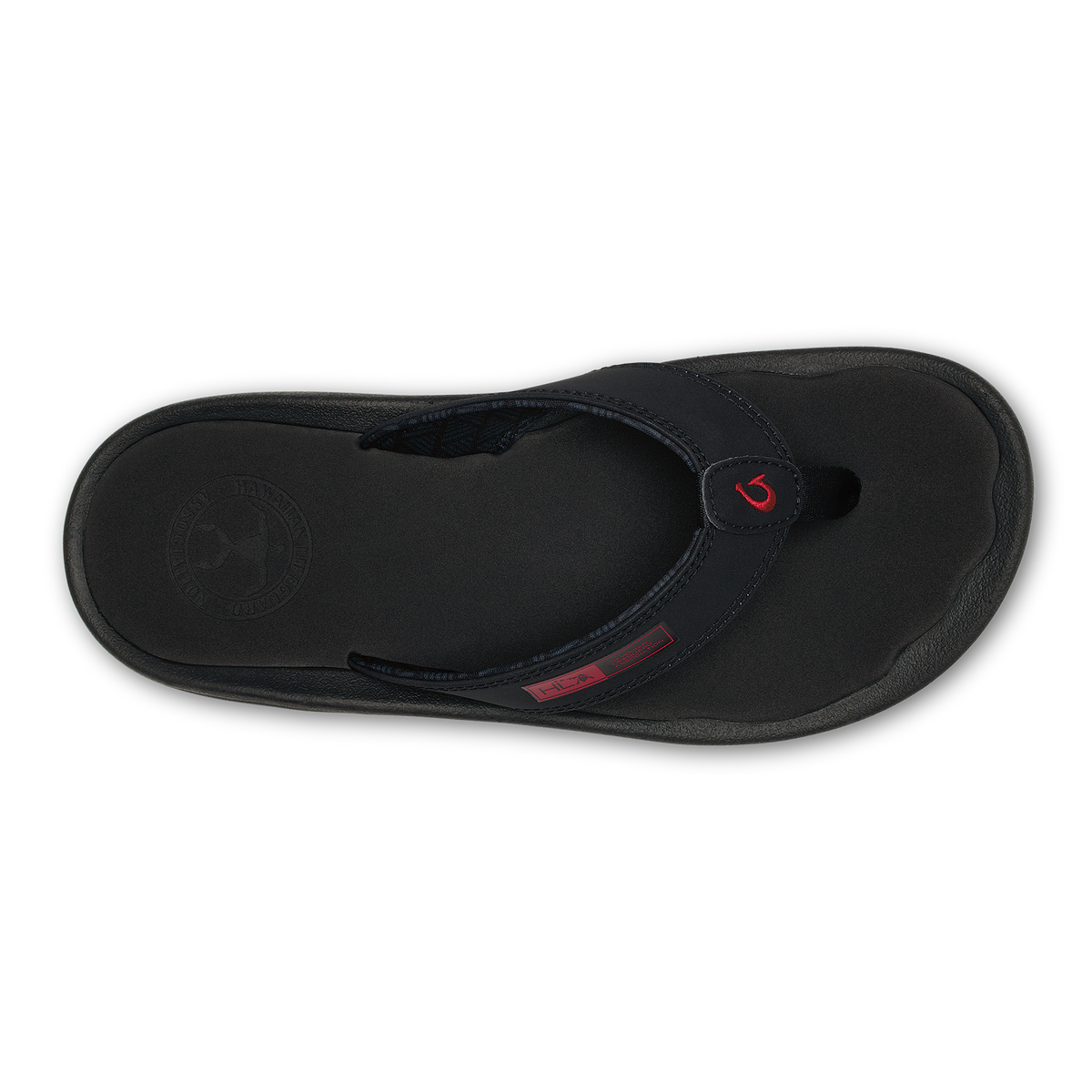 Black thong sandal with red logo accent and contoured footbed, shown from above.