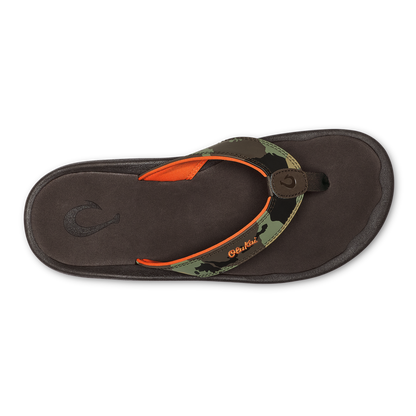 Dark brown thong sandal with camo and orange strap, viewed from above.