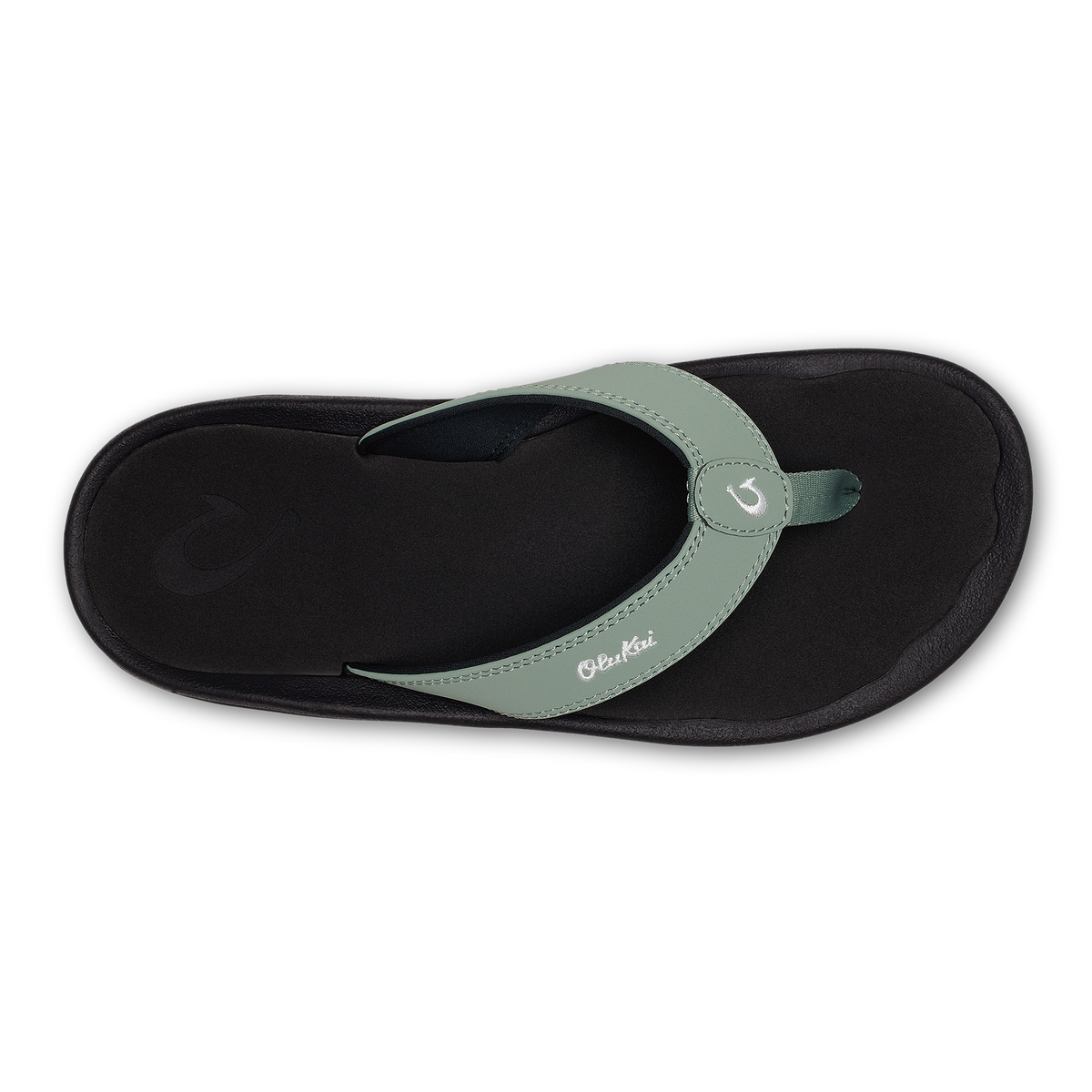 Seagreen and black thong sandal with cushioned black footbed and adjustable seagreen strap with button closure.