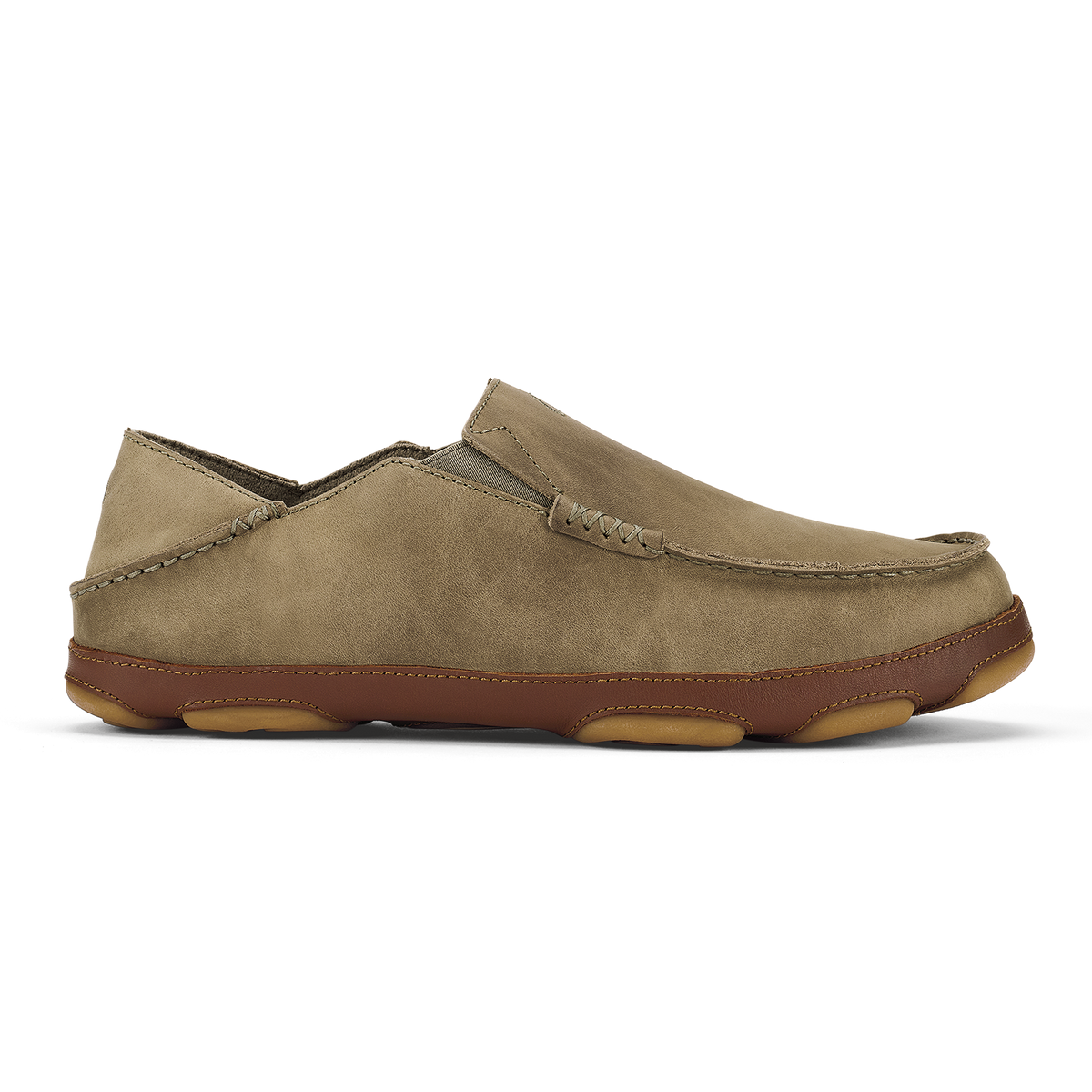 Tan suede slip-on loafer with brown leather trim and tan rubber sole.