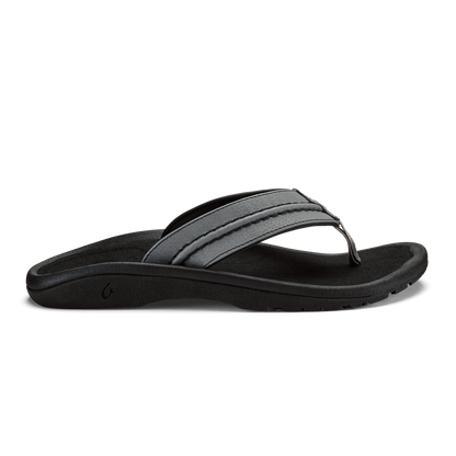 Black and gray thong sandal with cushioned footbed and textured strap across the top.