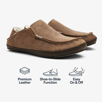 Toffee suede slippers with dark wood soles, cream fleece lining, and white stitching detail.