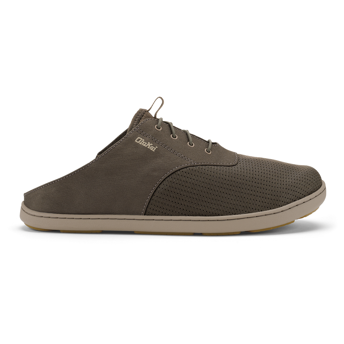 Olive canvas slip-on mule with perforated toe box, lace-up collar, and tan rubber sole.