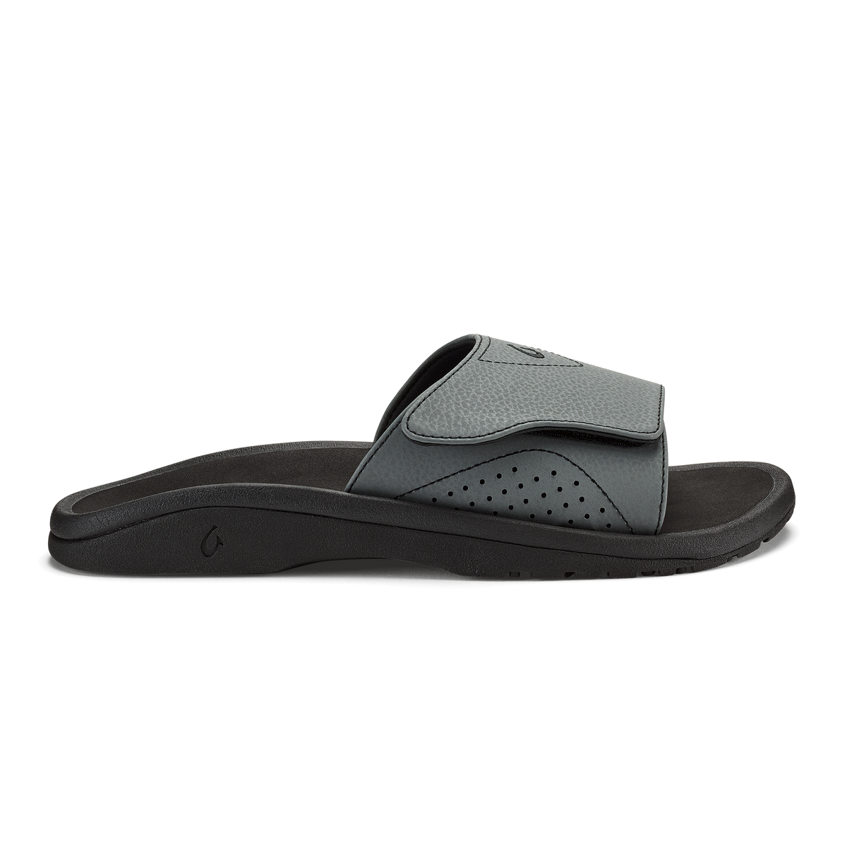 Nalu Slide with gray and black colorway, featuring a cushioned footbed and perforated upper strap.