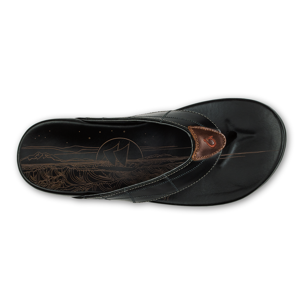 Black thong sandal with brown leather strap detail and engraved canoe design on footbed.