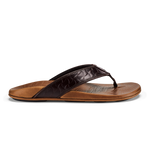Thong sandal with dark brown quilted upper strap and tan leather footbed against white background.