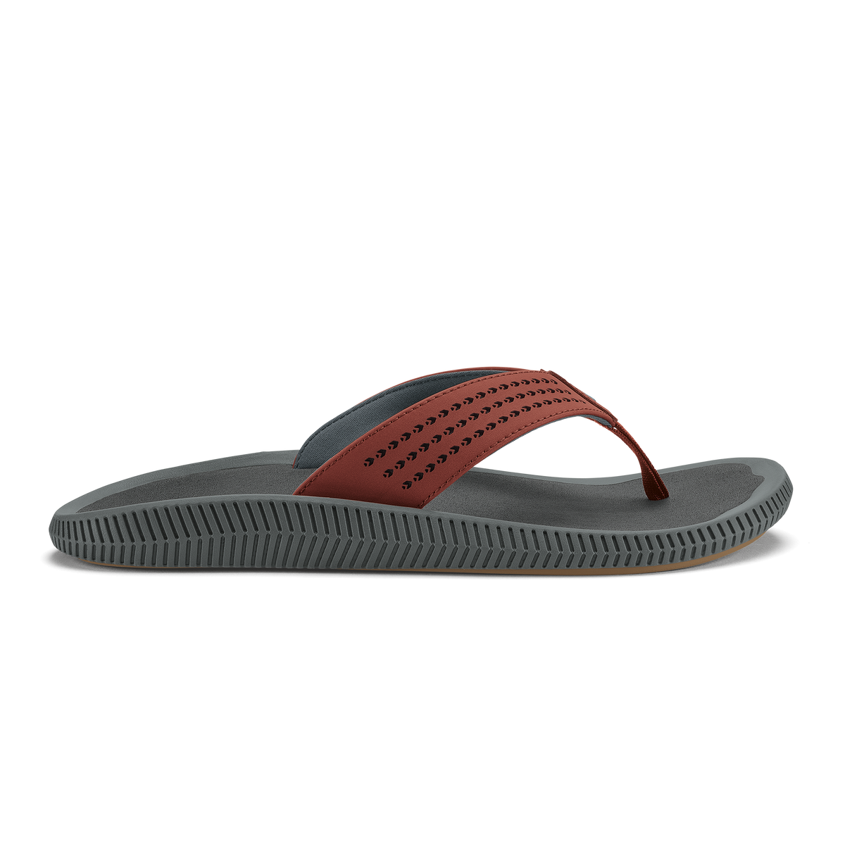 Gray thong sandal with perforated rust-colored upper strap and textured sole.