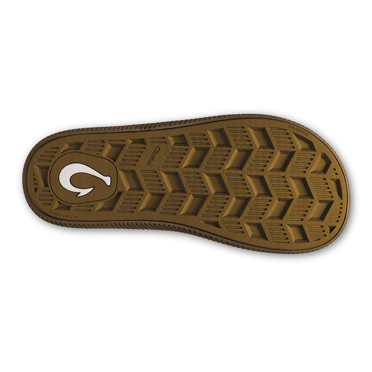 Tan sole with chevron tread pattern and white curved logo on heel.