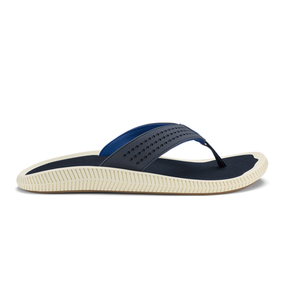 Blue and navy thong sandal with perforated upper strap and cream ribbed sole.