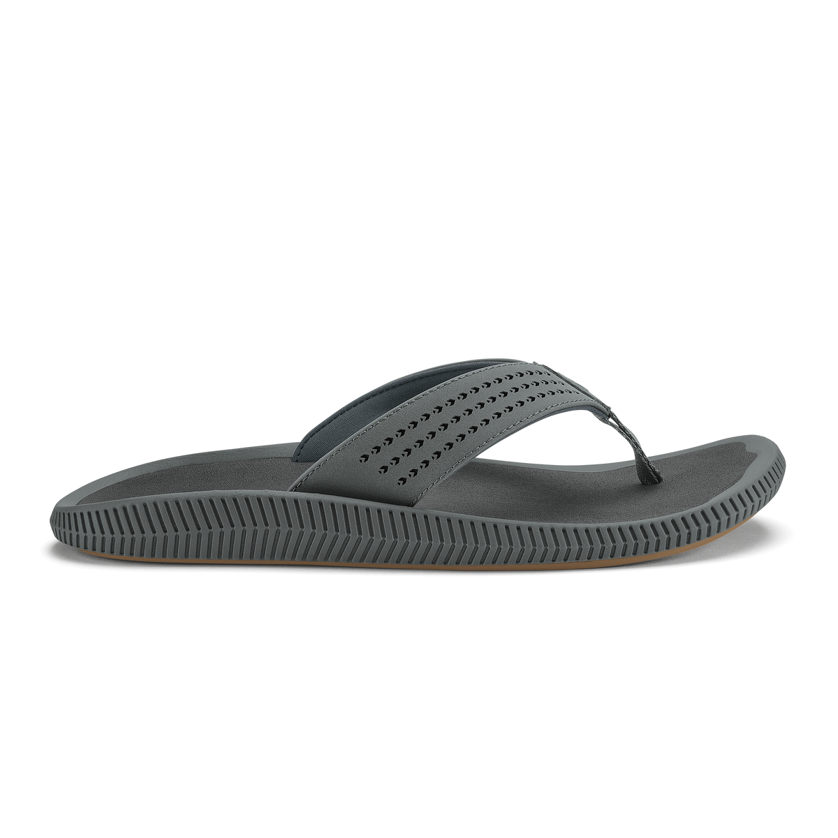 Gray thong sandal with studded upper strap and textured sole in side view.