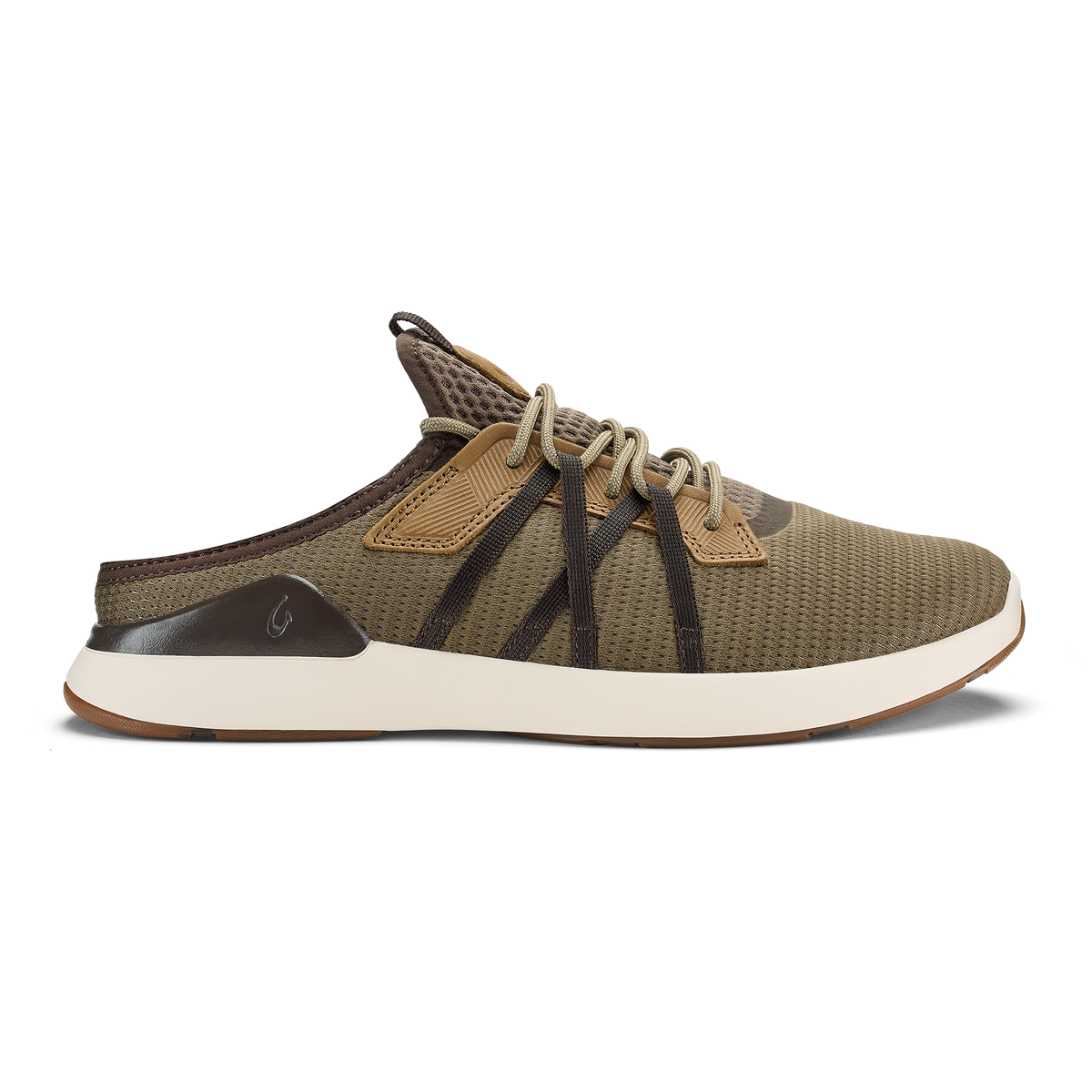 Tan and dark brown mesh sneaker with black laces, cream sole, and brown heel counter shown from the side.
