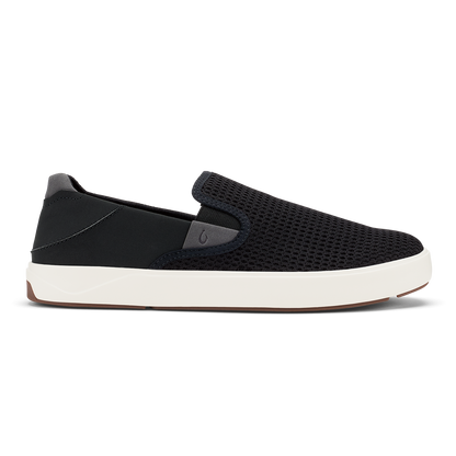 Black knit slip-on sneaker with white sole and gray heel detail, shown in profile view.