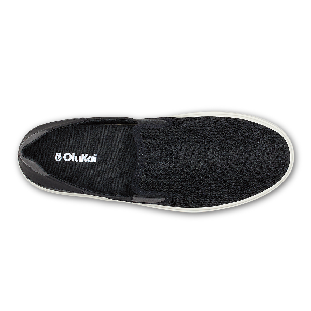 Black mesh slip-on shoe with white sole and Olukai branding, shown from above.