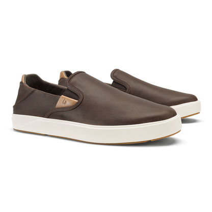 Dark brown leather slip-on shoes with cream rubber sole and tan heel accents.