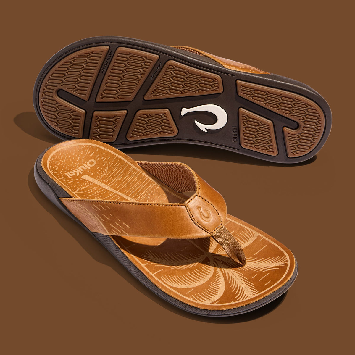 Tan leather thong sandal with textured footbed and dark sole, shown from top and bottom views.