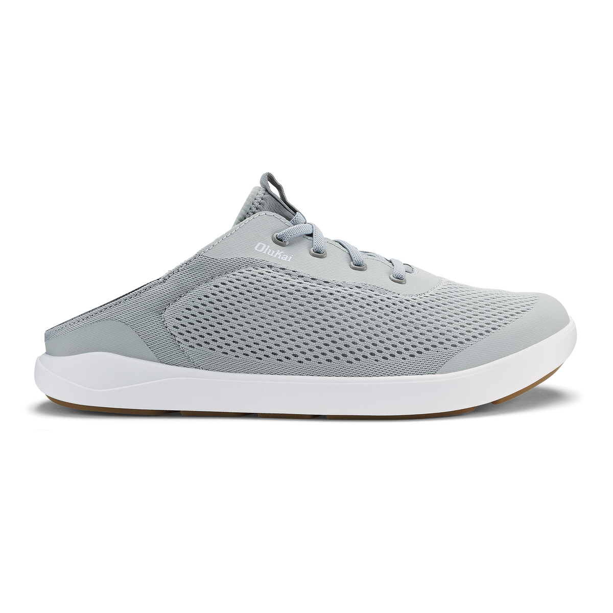 Cloud grey mesh slip-on shoe with white midsole and perforated upper panel, shown in side profile.