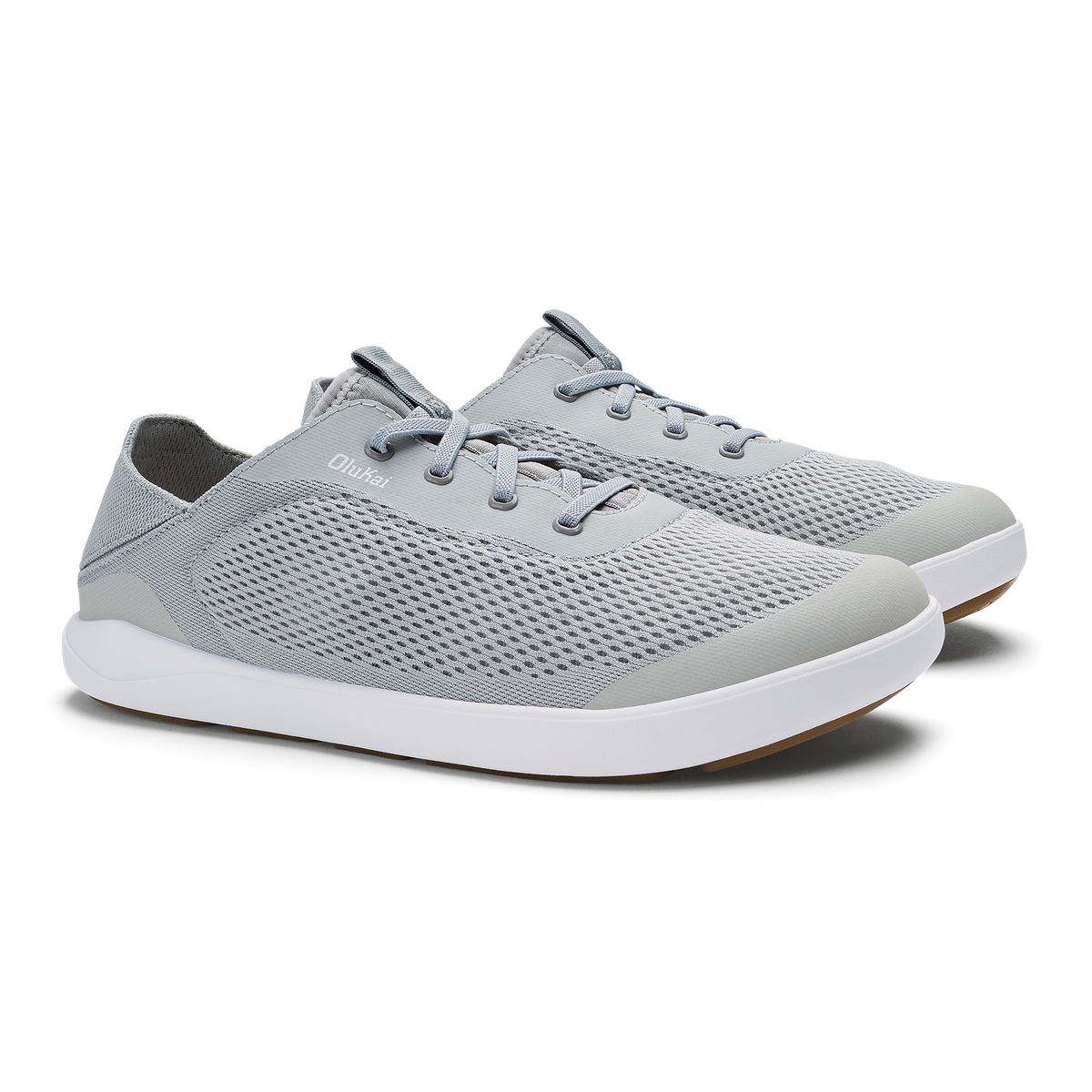 Grey mesh lace-up sneaker with white sole and dark grey heel counter.
