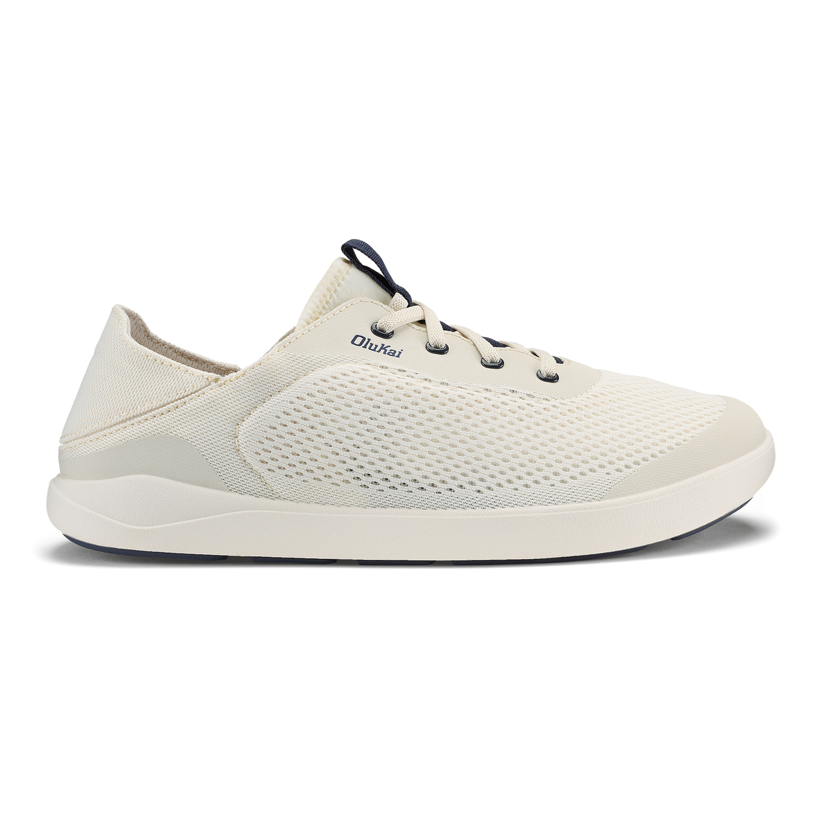 White mesh lace-up sneaker with navy blue accents and white sole, shown in profile view.