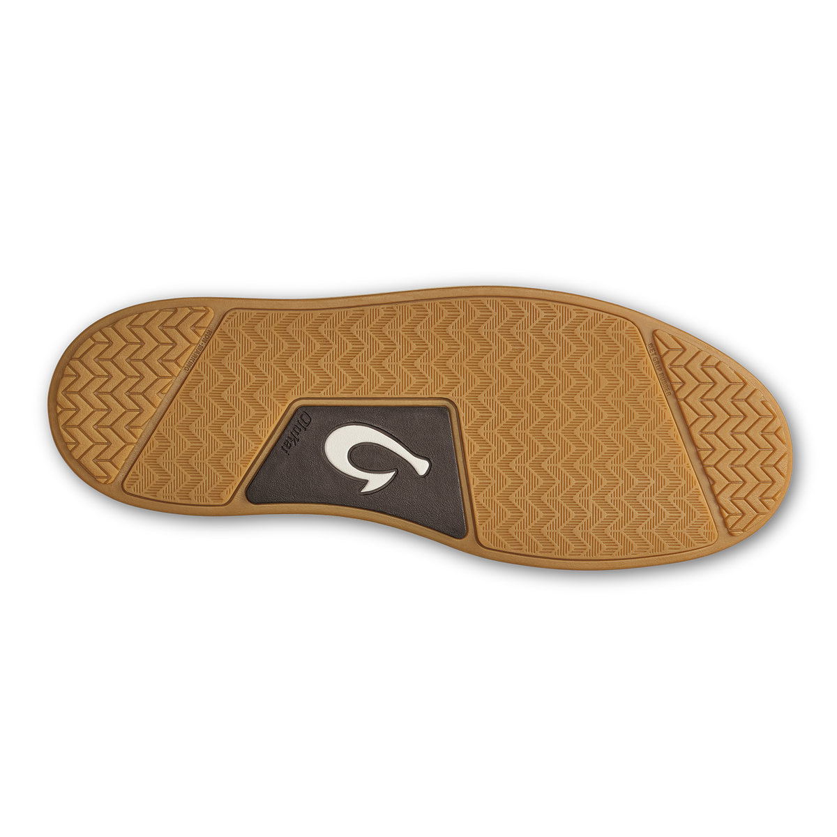 Tan and dark brown shoe sole with textured pattern and branded logo insert.