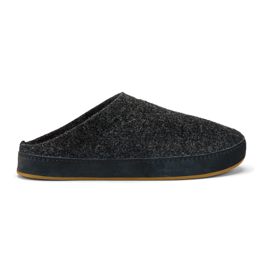 Dark charcoal wool slipper with black suede trim and tan rubber sole.