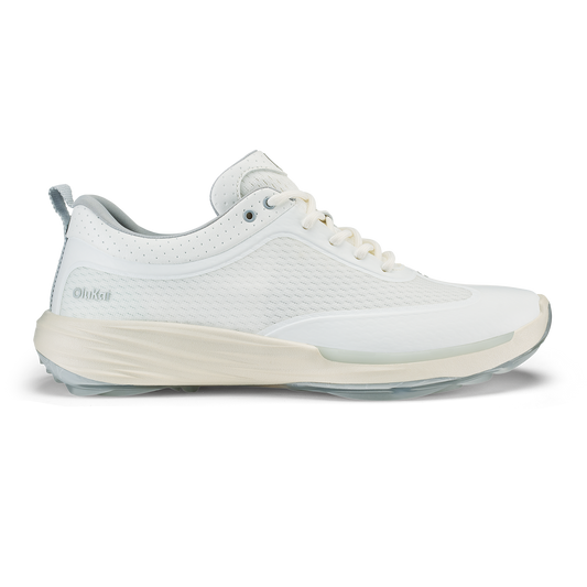 White lace-up athletic shoe with textured upper, cream midsole, and light blue heel accent.