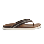 Toffee-colored thong sandal with dark textured upper strap, white stitching detail, and cream-colored sole.