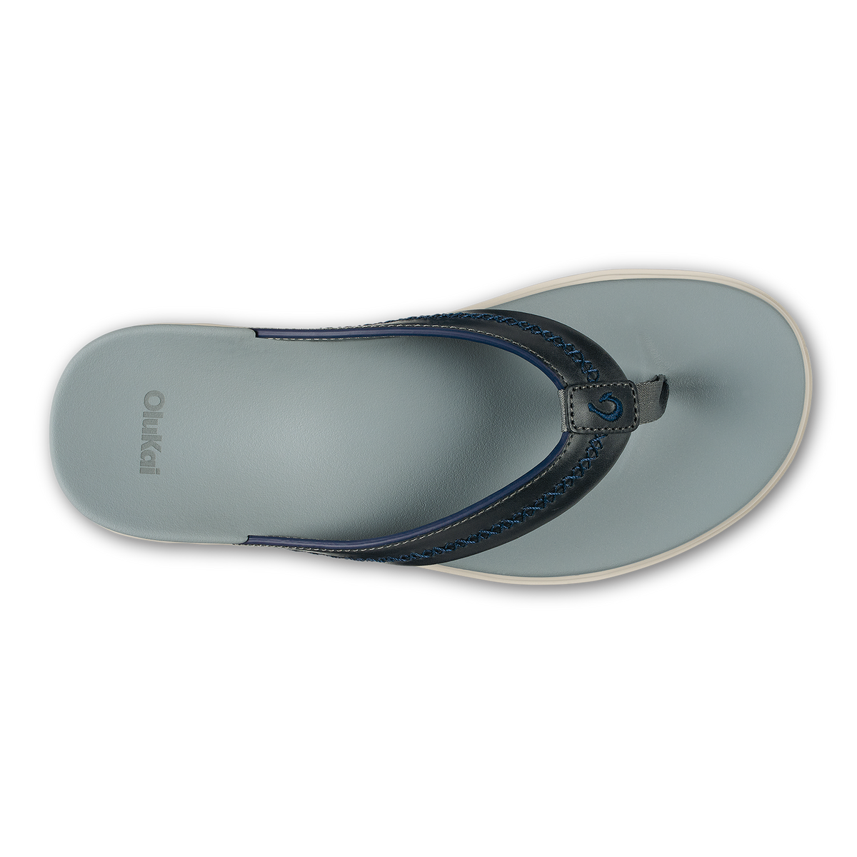 Pale grey flip-flop with dark blue leather thong strap and cream-colored sole, viewed from above.