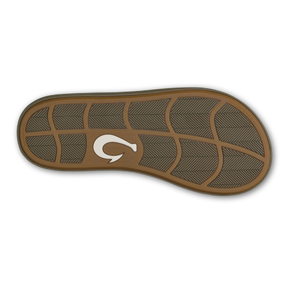 Walnut-colored shoe sole with geometric tread pattern and white logo mark in center.