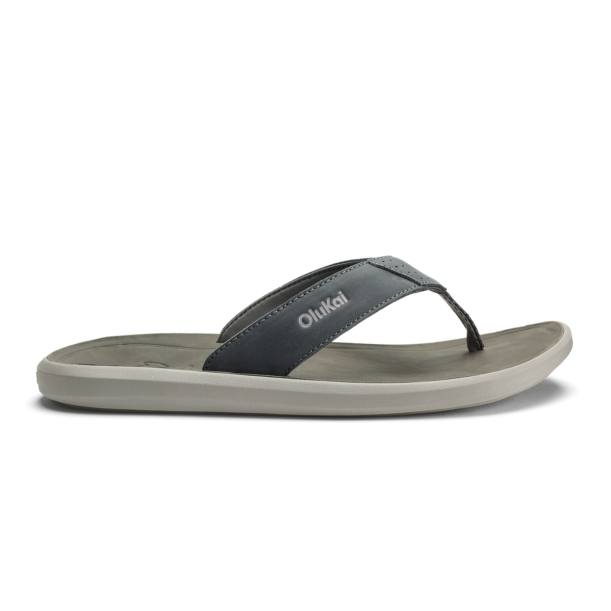 Thong sandal with dark gray upper strap and light gray sole, branded with "Olukai" text.