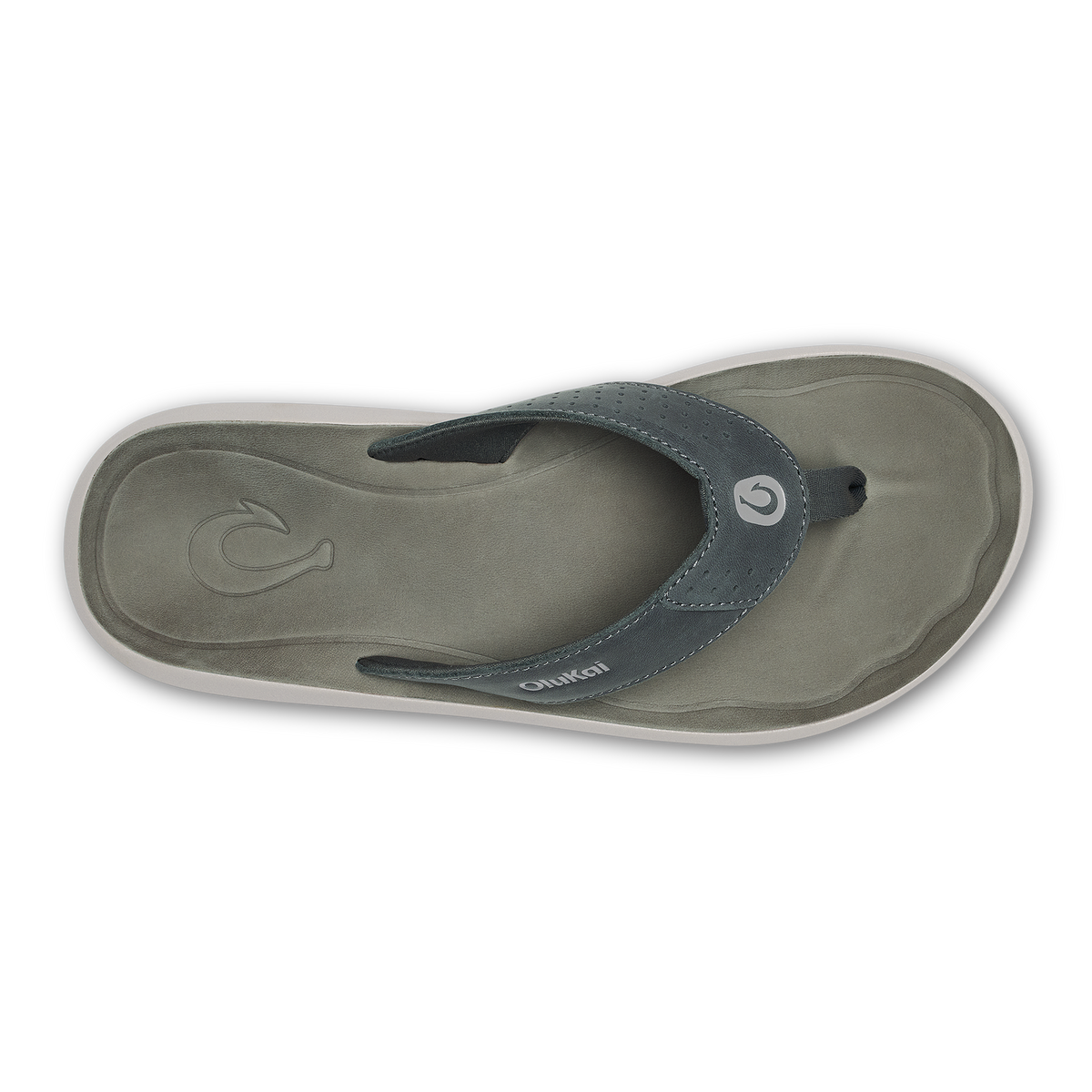 Gray and dark blue thong sandal with embossed wave logo on footbed and adjustable toe post strap.