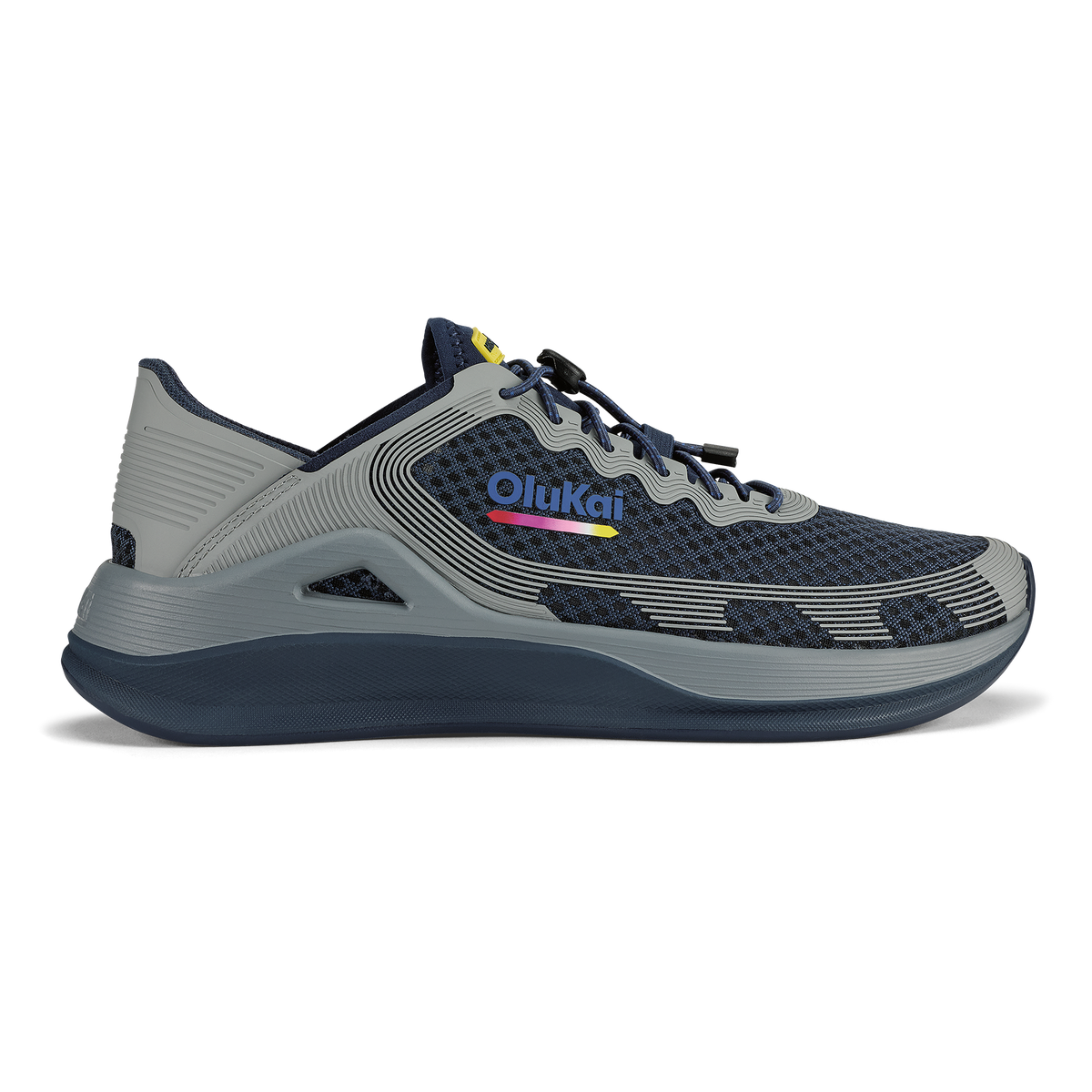 Navy and gray mesh running shoe with striped design and colorful OluKai logo on the side.