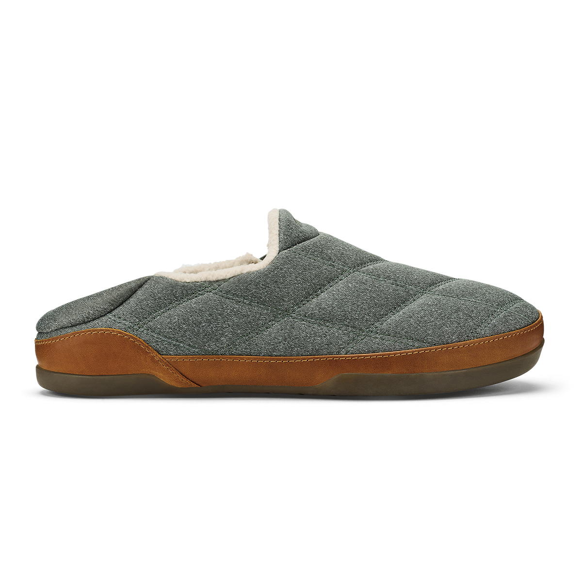 Gray quilted slipper with tan leather trim and cream fleece lining, side view.