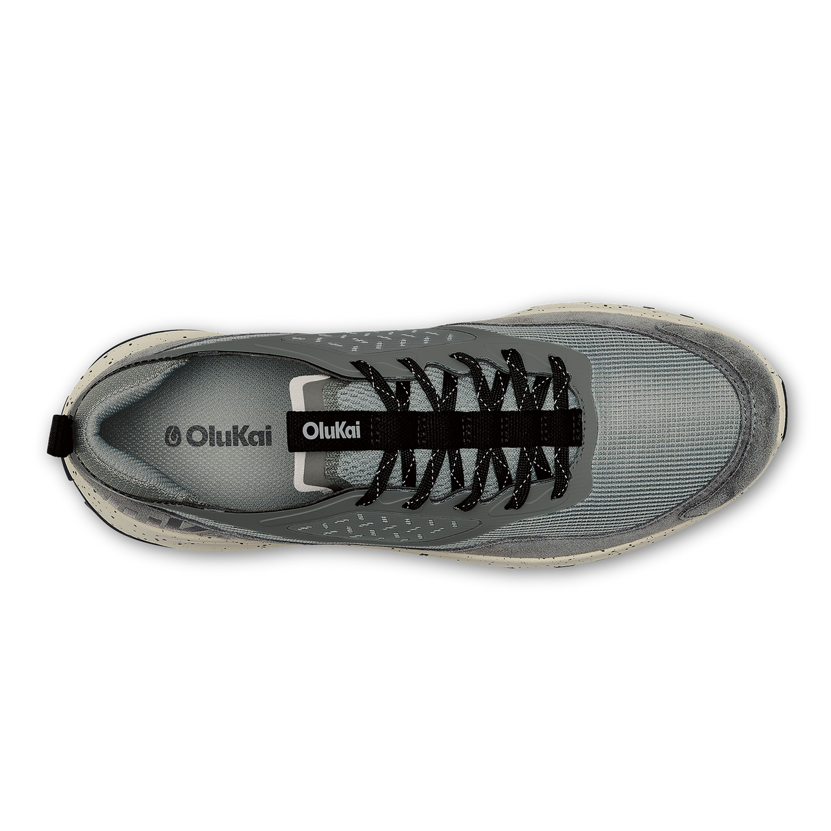 OluKai Makiki athletic shoe in cloud grey with black laces, shown from top view.