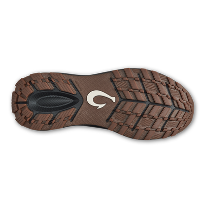 Shoe sole with brown tread pattern, black central panel, and white logo detail.