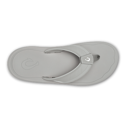 Ash gray flip-flop sandal with textured thong strap and curved footbed, viewed from above.