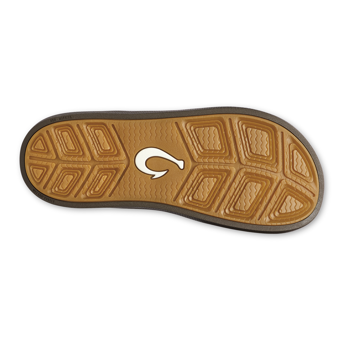 Brown koa sandal sole with geometric tread pattern and white logo accent.