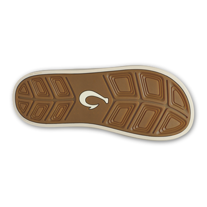 Brown sole with geometric tread pattern and white curved logo in center, cream-colored edge trim.